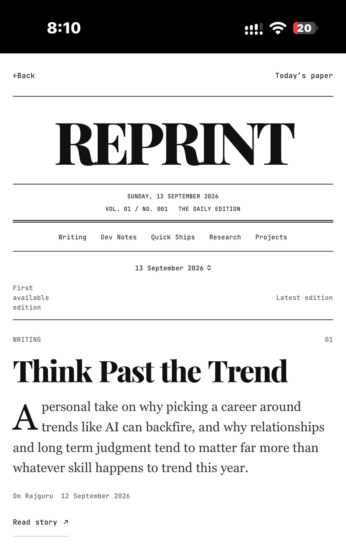 Reprint mobile broadsheet edition