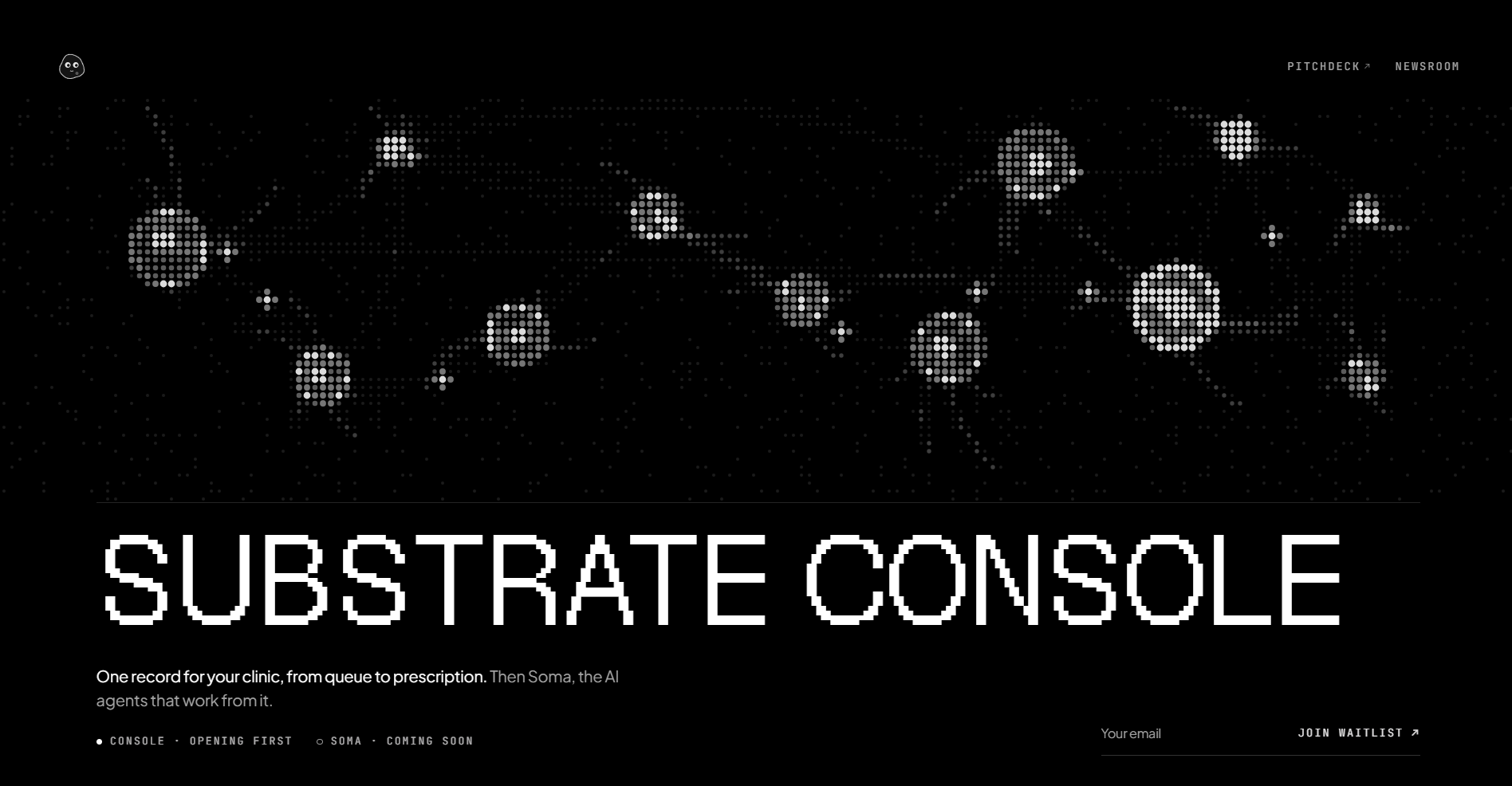 The substrates.in hero: dot-sampled spheres joined by thin lines above the words Substrate Console in large pixel type, with a one-line description, product status, and an email field with a Join waitlist button.