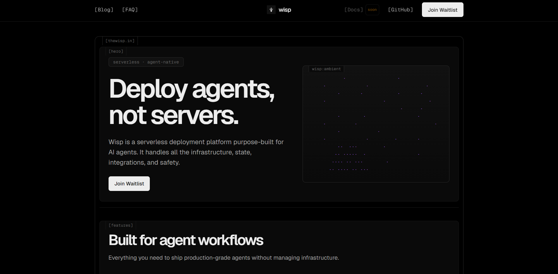 The thewisp.in landing page: bracketed navigation links, the headline Deploy agents, not servers, a short description, a Join waitlist button, and a dot diagram of agents in a panel on the right.