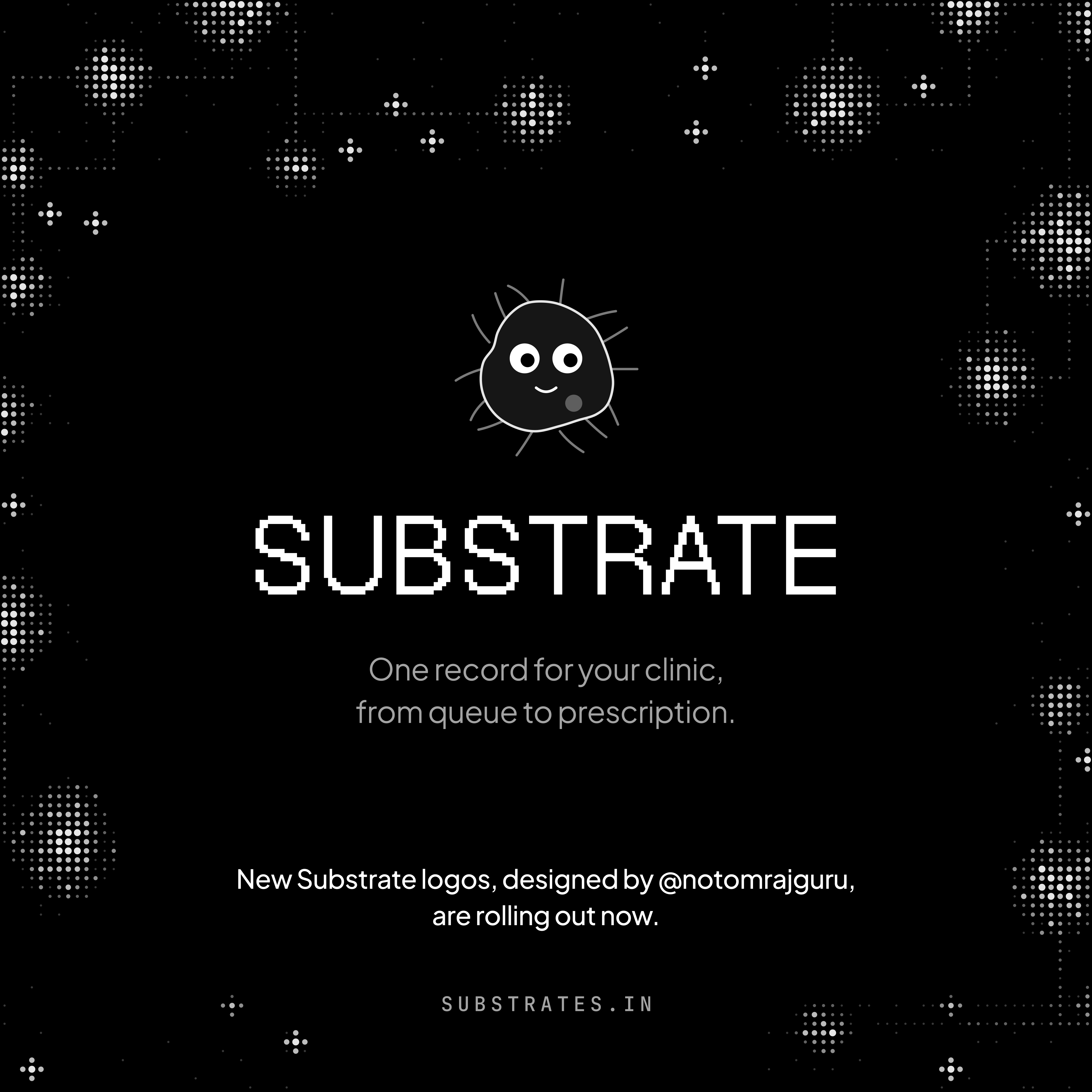 Instagram post with Soma, a round dark cell with eyes and thin dendrites, above the word Substrate in pixel type and the line One record for your clinic.