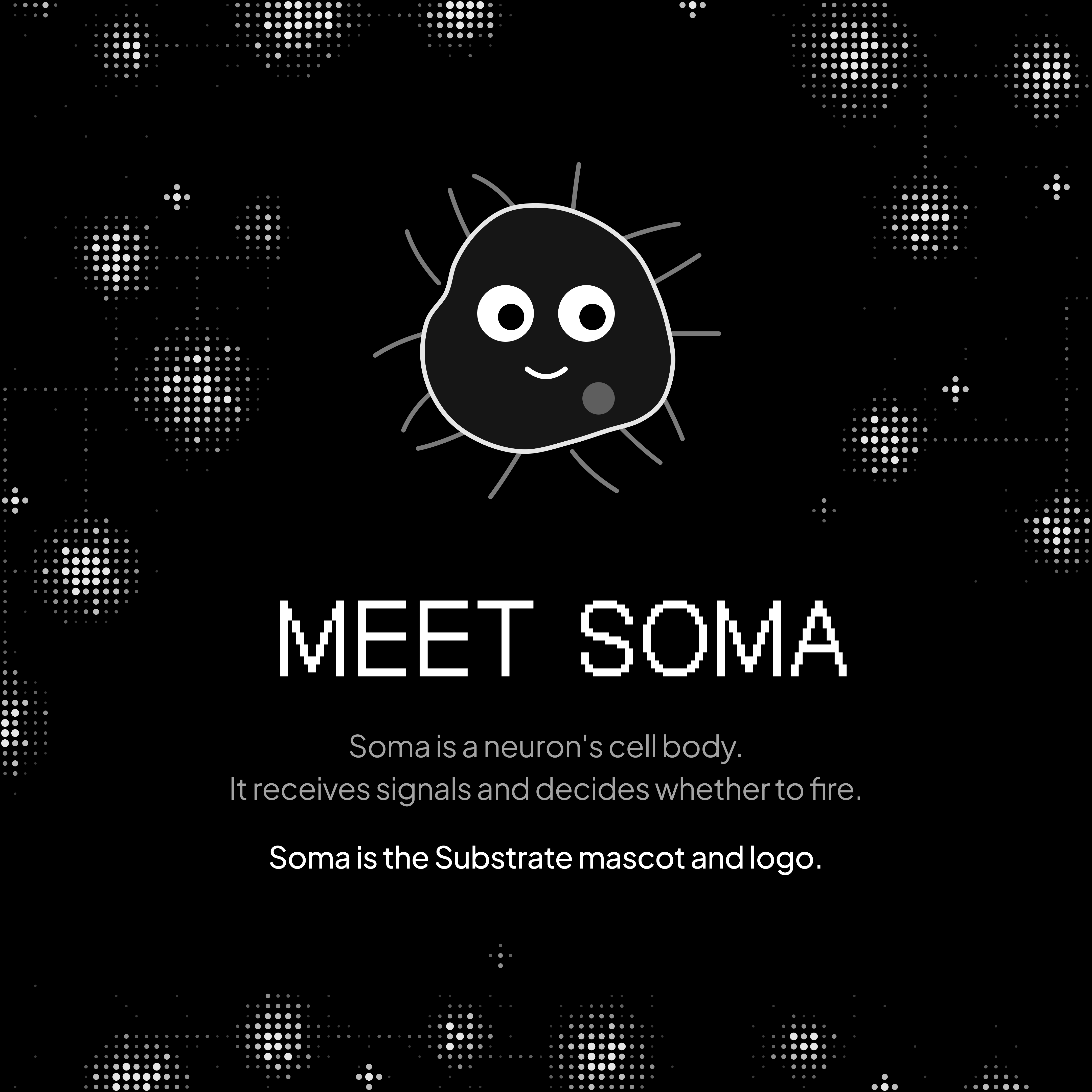 Instagram post titled Meet Soma, explaining that a soma is a neuron’s cell body and that Soma is the Substrate mascot and logo.