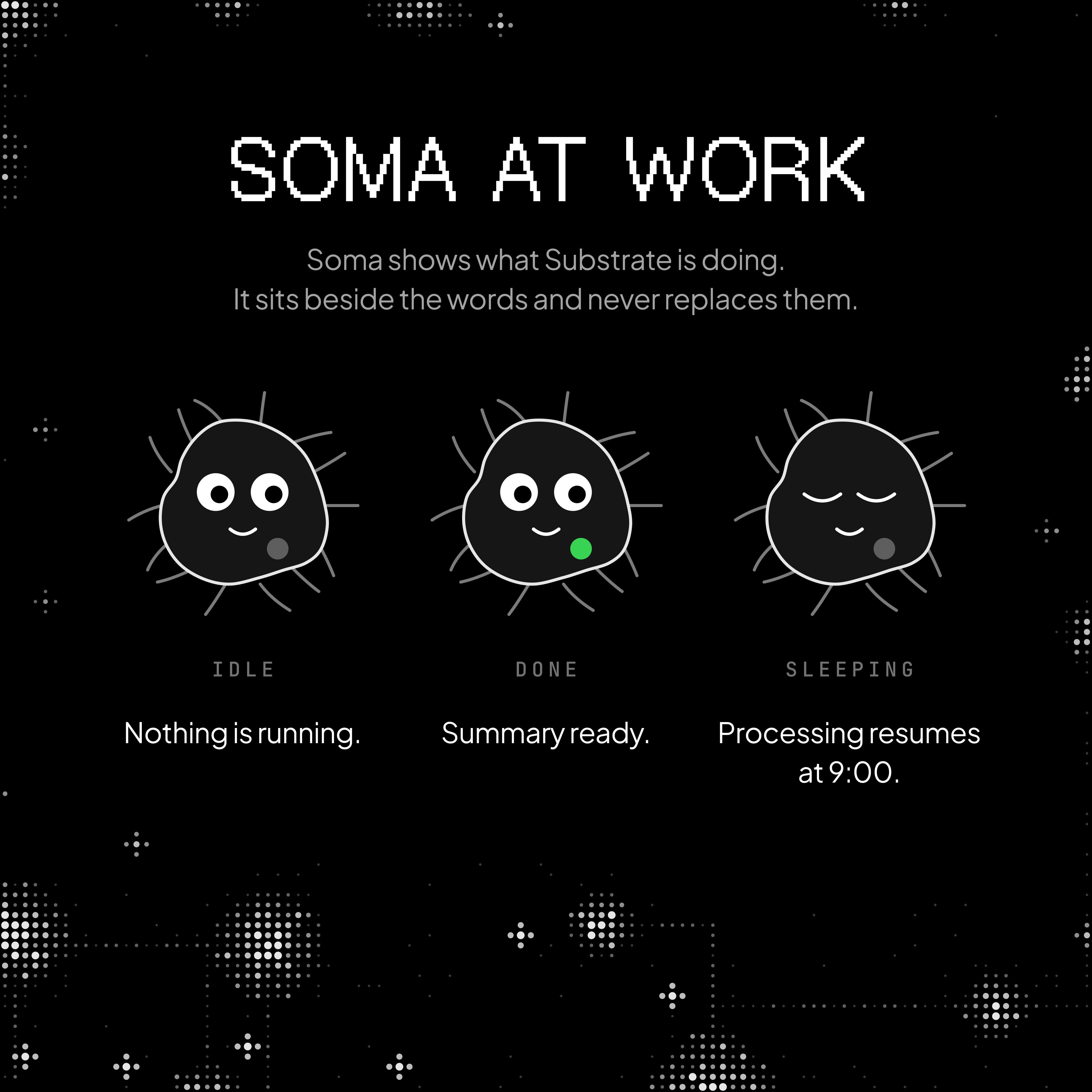 Instagram post titled Soma at work, showing Soma idle, done with a green nucleus, and sleeping with closed eyes, each above a line of status text.
